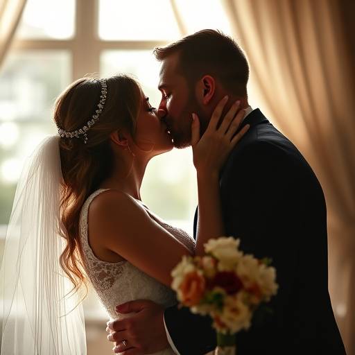 Image représentant un couple marié s'embrassant lors de leur mariage.
