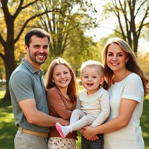 Image représentant un portrait de famille joyeuse dans un parc.