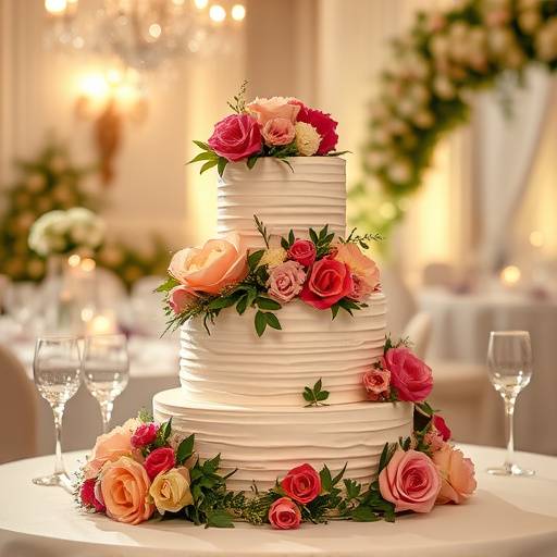 Photo d'un g√¢teau de mariage d√©cor√© avec des fleurs fra√Æches, plac√© sur une table √©l√©gante lors d'une r√©ception de mariage √† Lyon.