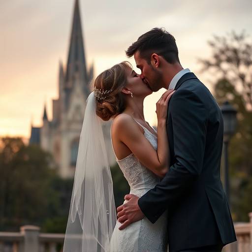 Photo de mariage d'un couple s'embrassant devant la Basilique Notre-Dame de Fourvi√®re.
