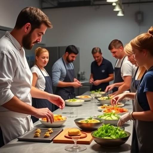 Photographie d'un atelier de cuisine o√π des participants apprennent √† pr√©parer des plats gastronomiques sous la direction d'un chef √† Lyon.