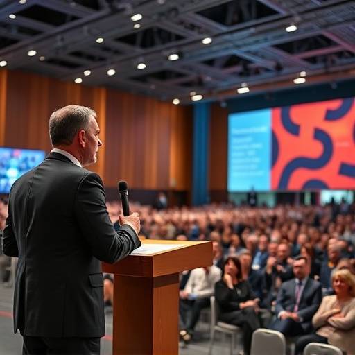 Photographie d'un conf√©rencier s'adressant √† un public nombreux lors d'un √©v√©nement d'entreprise au Centre de Congr√®s de Lyon.