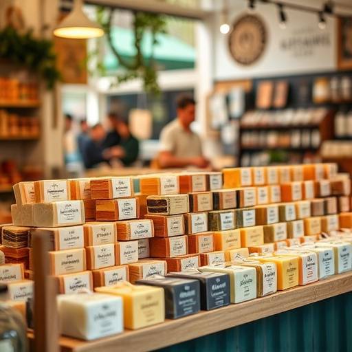 Photographie de produits artisanaux, des savons parfum√©s, pr√©sent√©s sur un √©tal lors d'un march√© de cr√©ateurs √† Lyon.
