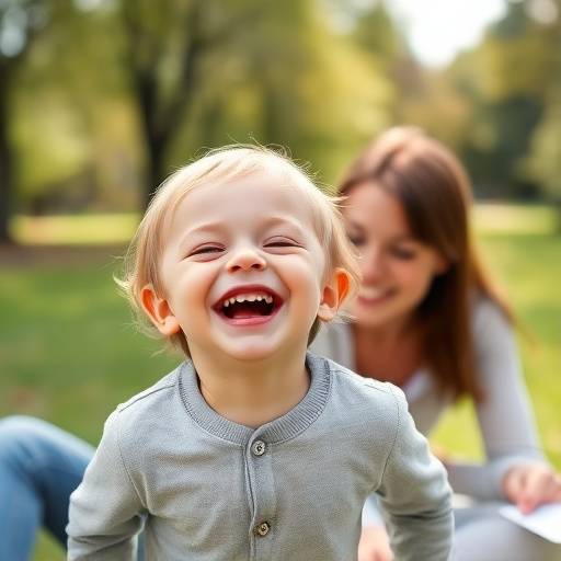 Portrait d'un enfant riant aux √©clats, photographi√© dans un parc √† Lyon lors d'une s√©ance photo en famille.