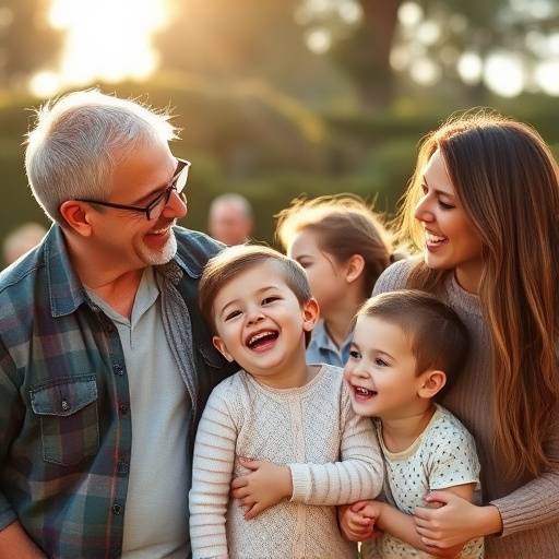 Portrait de famille en ext√©rieur, avec les parents et leurs deux enfants riant ensemble.