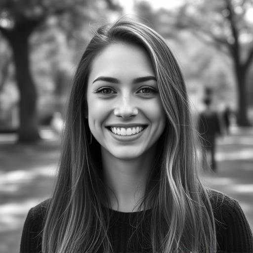Portrait en noir et blanc d'une jeune femme souriant dans un parc √† Lyon.
